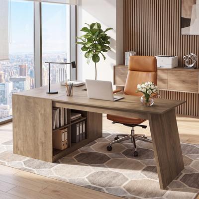 1Easylife "66"" L Shaped Desk with Shelves and Cabinet, Wooden Home Office Computer Desk, Corner Workstation with Sturdy Trapezoid Base"