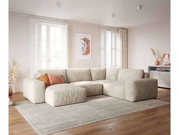 DELIFE Wohnlandschaft Lanzo 300x210 cm Cord Beige Recamiere variabel, Wohnlandschaften