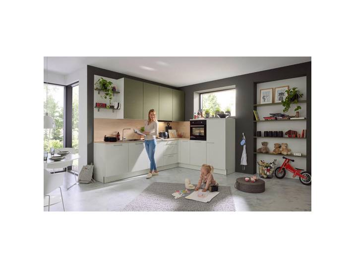 Nolte Küchen Eckküche, Eiche, Platin, Olivgrün, 1 Schublade(n) Schubladen, nur wie online abgebildet bestellbar, 305x225 cm, Made in Germany, Zusatzausstattung erhältlich, vormontierter Korpus, Küchen, Eckküchen, Eckküchen ohne Geräte