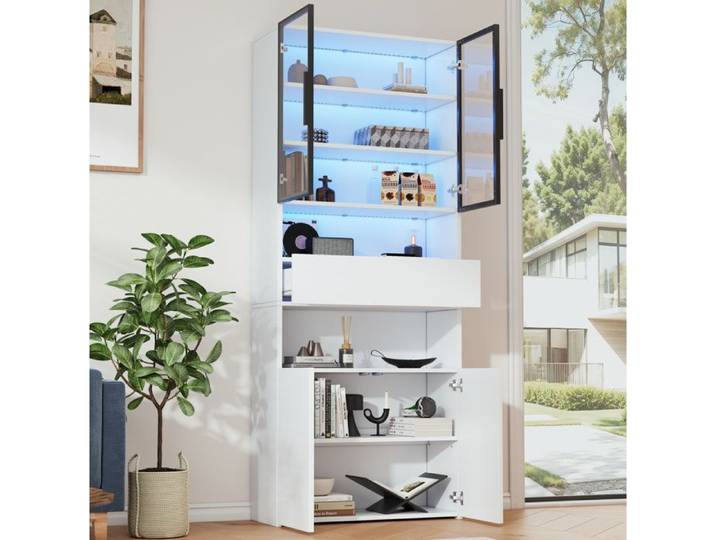 Maisentiel Vitrine haute blanche 70 x 30 x 200 cm portes vitrées cadre aluminium tiroir LED