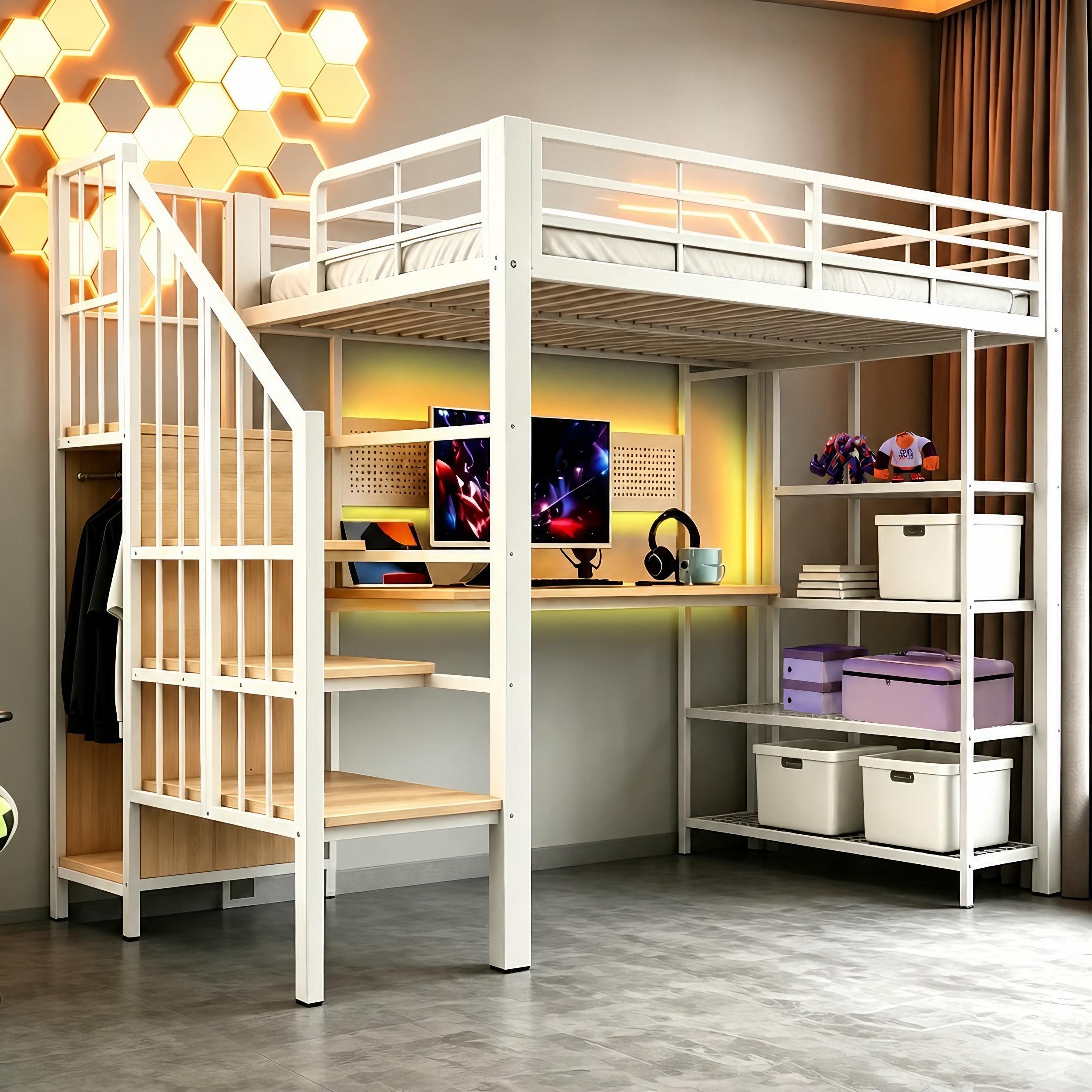 Merax Hochbett Etagenbett 90x200cm mit Schreibtisch und LED-Beleuchtung, Kinderbett Metallbett mit Stauraumtreppe, Steckdosen, Lochwand & Regal, Weiß
