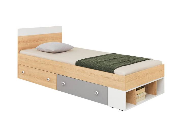 Deine Möbel 24 Jugendbett POKO 14 90x200 cm, in Biskuiteiche / Weiß Lux / Grau