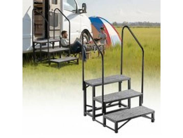 VEVOR Wohnmobiltreppe mit 2 Handläufen (3 Stufen), Standtreppe mit 300 kg Tragkraft, Außentreppe mit Rutschfester Matte für Senioren/Haustiere, Trittstufe für Camper, Mobilheim, Veranda, Pool und Spa