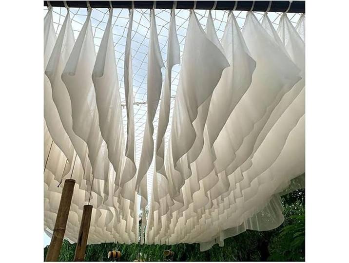 10 Stück Pergola-Deckenvorhänge, gewelltes Baldachin, Außendekoration Stoffstreifen mit Stahlseil, wellenförmige Raffgardinen, einfache Montage, Beige, 45 x 1000 cm