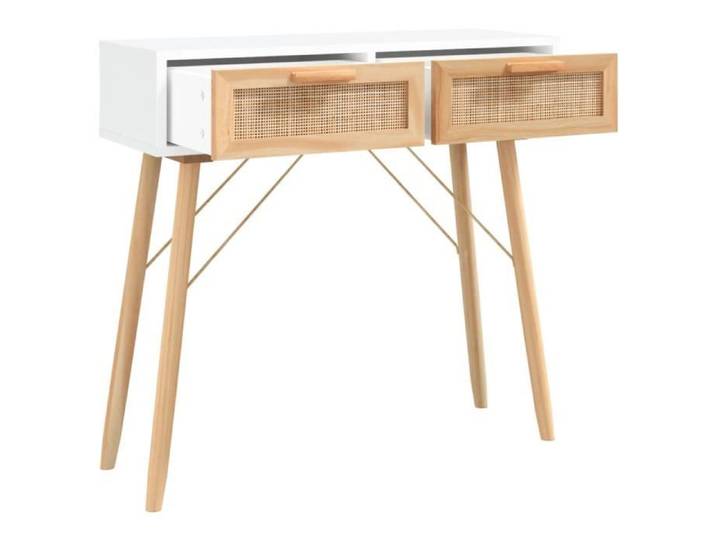 ESTINK Table console Blanc 80x30x75 cm Bois massif pin /rotin naturel 92431
