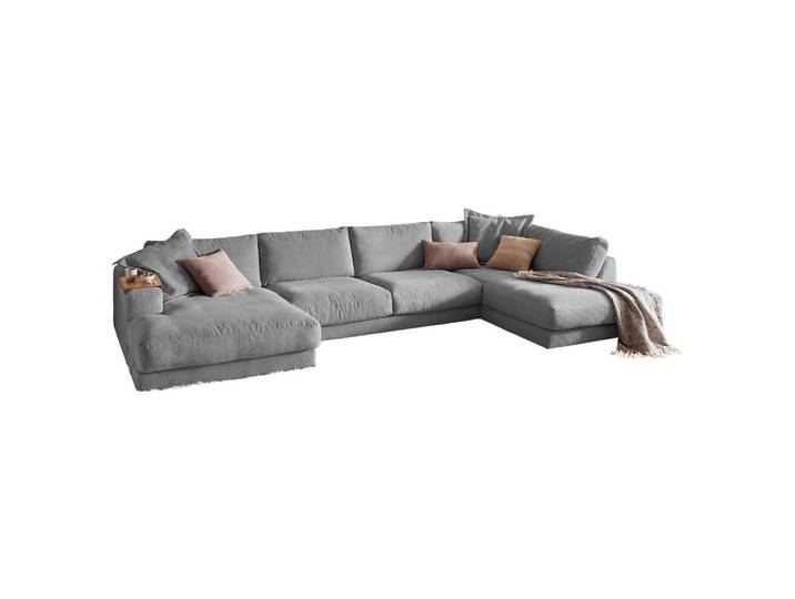 Kawola Wohnlandschaft Madeline Grau Cord, Kunststoff, Echtholz, Füllung: Komfortschaum, U-Form, 425x86x224 cm, Wohnzimmer, Sofas & Couches, Wohnlandschaften, Wohnlandschaft U-Form