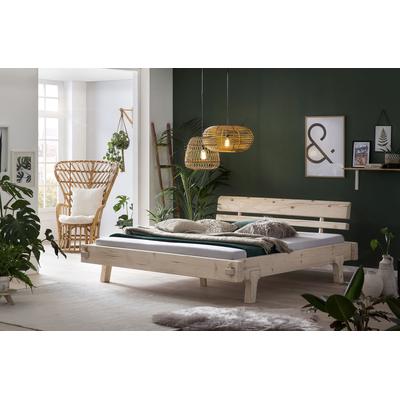 Holzbett SALESFEVER "Fügen Bett aus Naturholz", beige (natur, natur, natur), B:164cm H:78cm L:224cm, Betten, Massives Fichten-Balkenbett: Uriges Landhausdesign