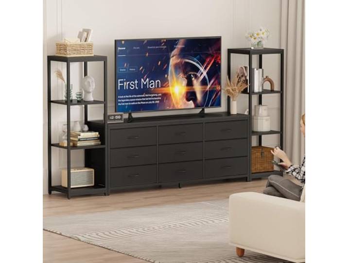 Garvee TV Lowboard 75 Zoll, TV-Schrank mit 9 Schubladen TV Lowboard im Industrial-Stil mit 9 Stoffschubladen, 4 Ebenen Regalen und Stauraum für Fernseher bis 75 Zoll