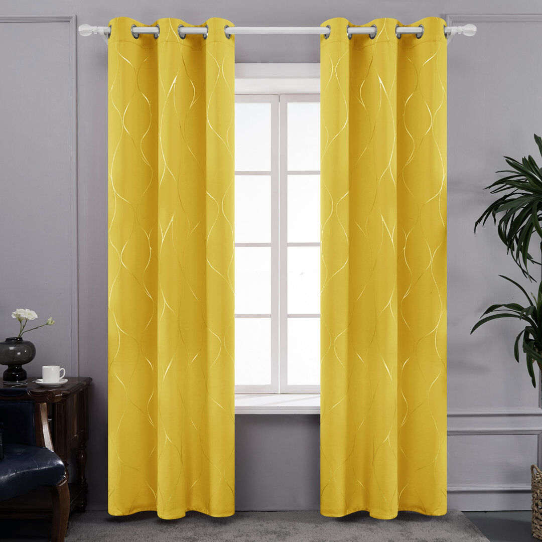 Metro Seligman Wave Foil Printed Room Darkening Thermal Curtains Mellow Yellow Width 117 x Drop 183 cm
