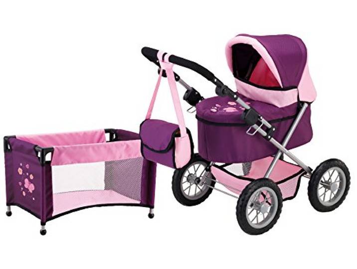 Bayer Design 13057AB Puppenwagen Trendy, mit Tasche, Puppenbett, höhenverstellbarer Griff, integrierter Korb, faltbar, Pflaume