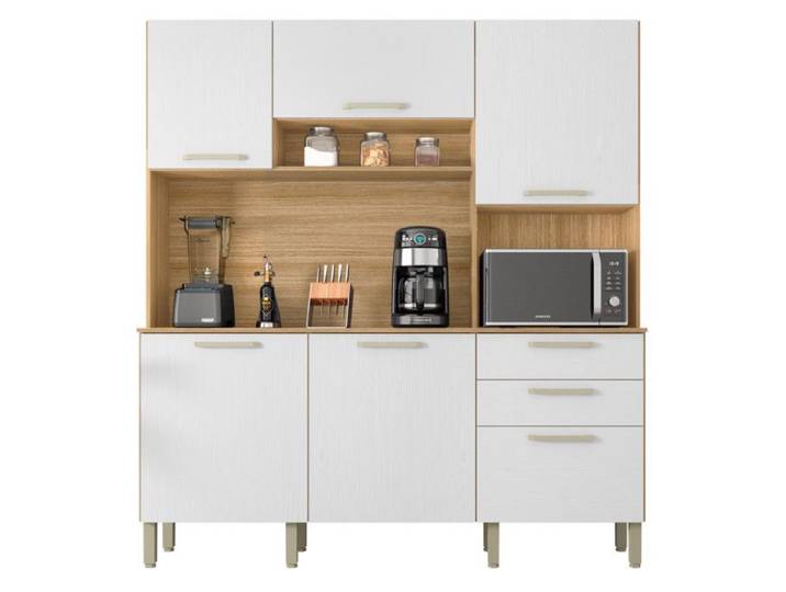 Buffet de Cuisine - FERRARA - Imitation Chêne et Blanc - 6 Portes - 2 Tiroirs - 180 cm