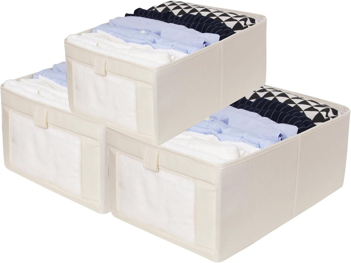 Set van 3 opvouwbare en stapelbare opbergdozen met handvatten voor kleding en accessoires in linnen look