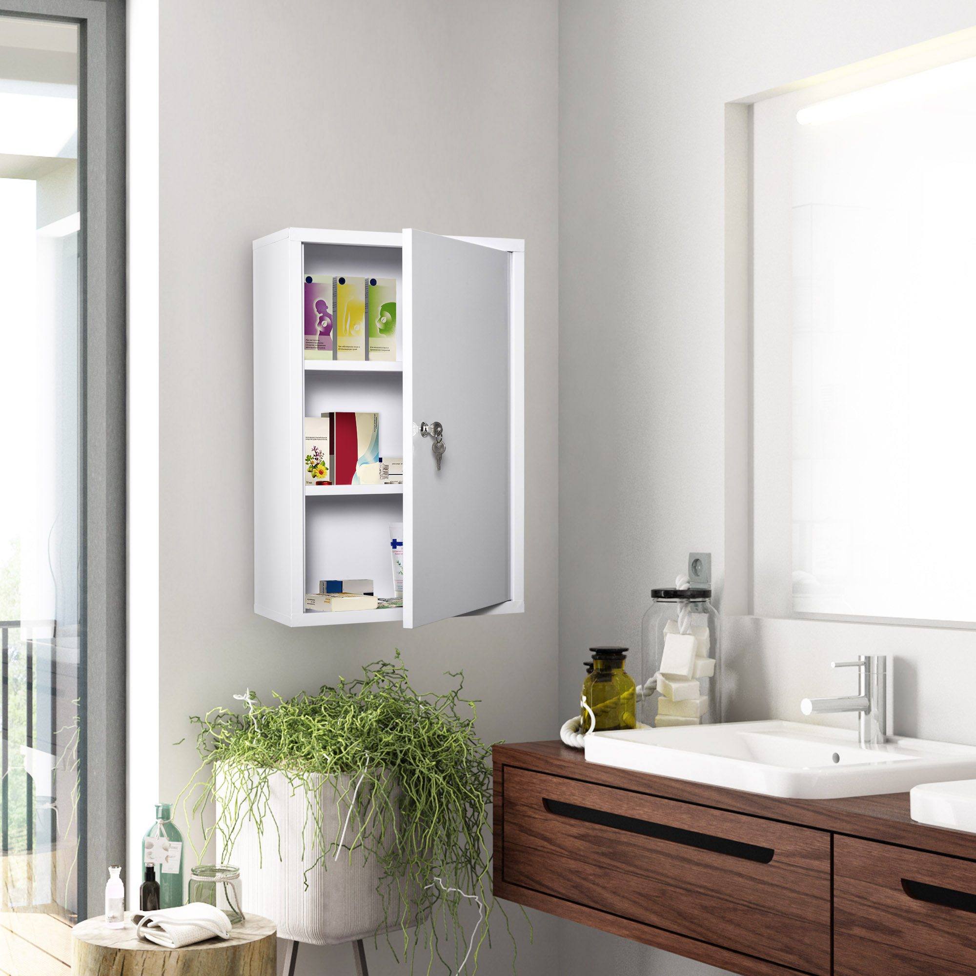 Kleankin Armadietto Medicinali a 3 Livelli in Acciaio con 2 Chiavi e Montaggio a Parete, 40x18x60 cm, Bianco Aosom