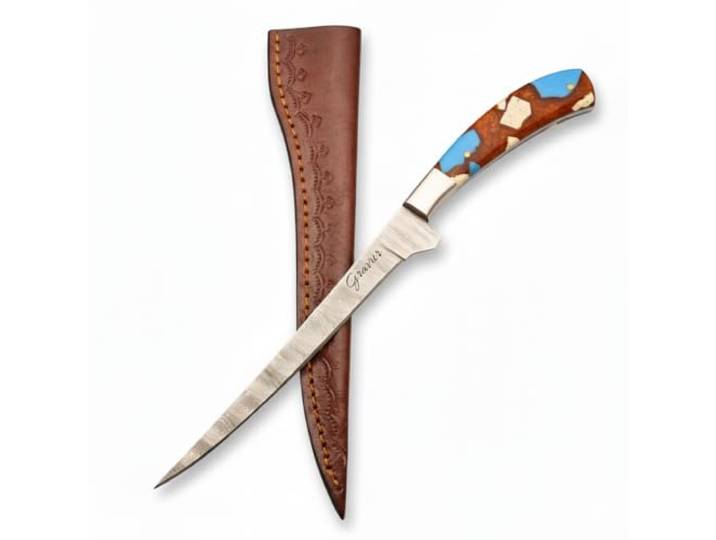 KlingenFreunde Damast Filetiermesser mit Rosenholzgriff – flexible ultrascharfe Filetierklinge aus echtem Damaststahl, handgefertigt & Gravur – inkl (Resin (Bunt), Basis)
