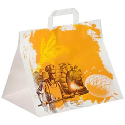 VEPATIM 250 Papiertragetaschen aus Kraftpapier Motiv Steinofen mit Flachhenkeln 320+220x270mm 80g weiß