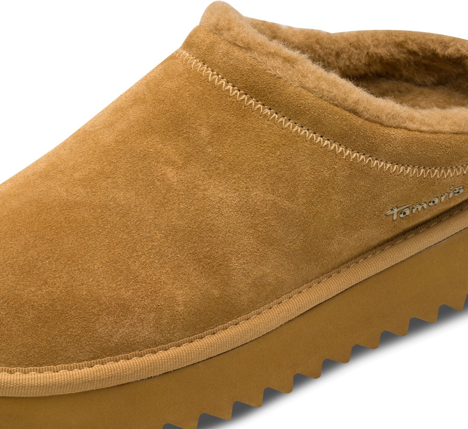 Hausschuh TAMARIS, Damen, Gr. 37, Warmfutter, braun (camel), Veloursleder, unifarben, Schuhe Hausschuh, Clogs, Bequemschuh mit Fellimitat-Kragen camel 37, Warmfutter