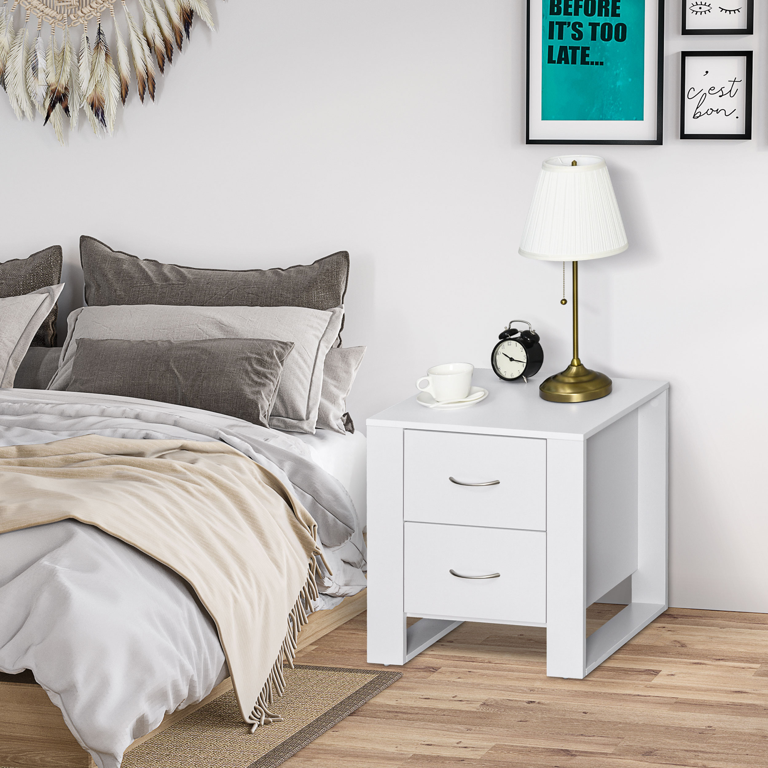 Homcom Comodino Moderno in Legno con 2 Cassetti per Camera da Letto, 48x39x54cm, Bianco Aosom