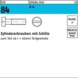 Zylinderschraube DIN 84/ISO 1207 Schlitz M2,5x 18 A 4 200 Stück