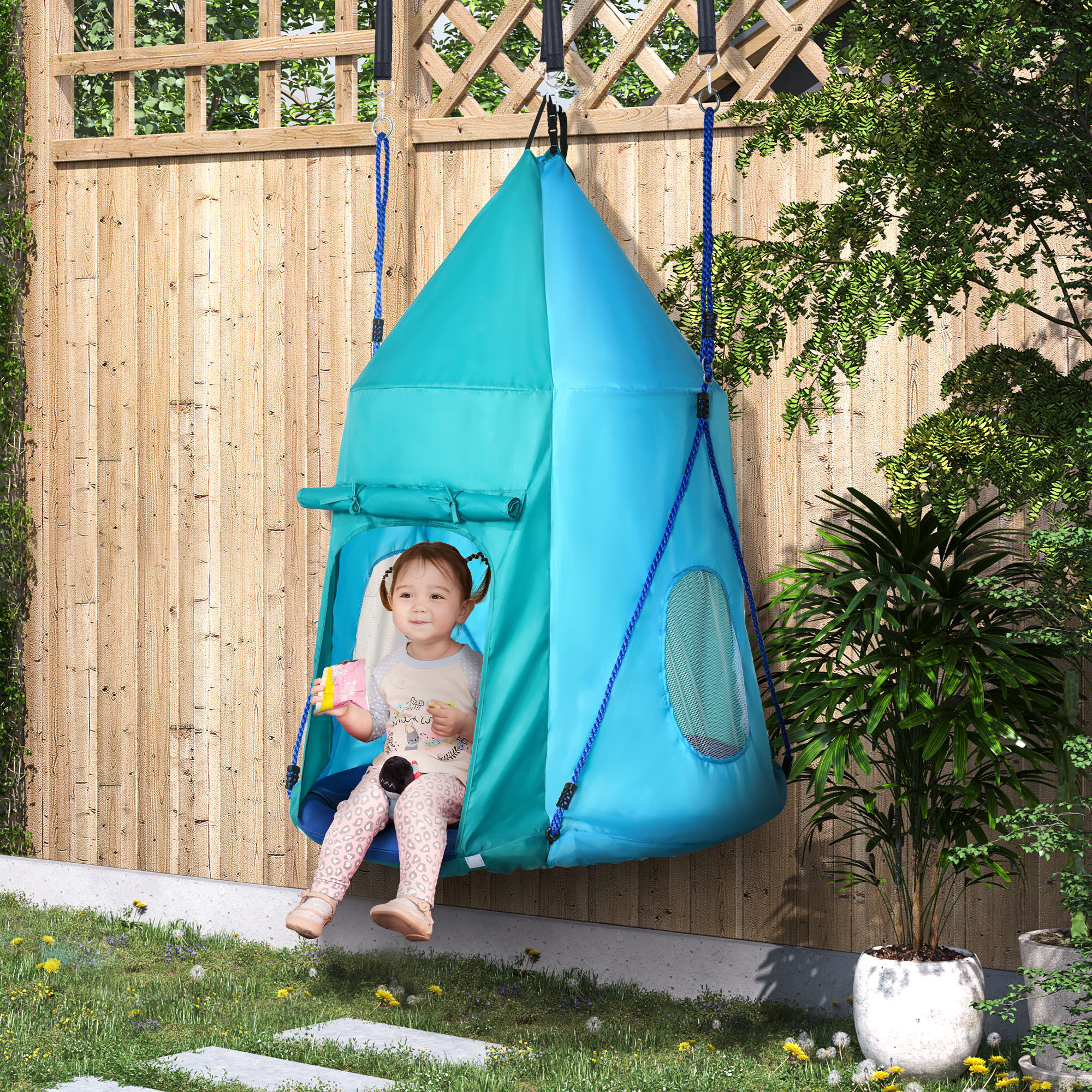 Altro Altalena Da Giardino Con Tenda Per Bambini Da 3-8 Anni, Ø100cm E Corde Regolabili, Blu