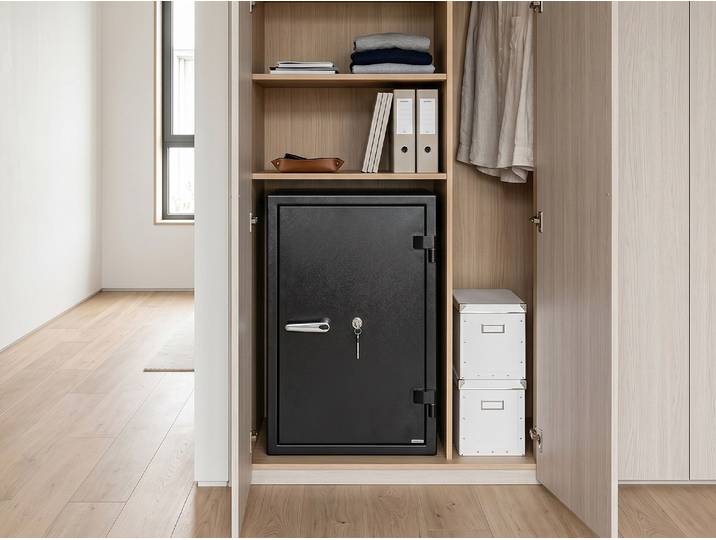Tresor S2 mit Schlüssel aus Stahl in Schwarz - einbruch- und feuerhemmend - B48 x T43,5 x H83 cm - 78 L - MIRILO