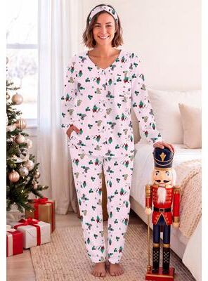 Plus Size Women's V-Neck Pajama Set & Headband by Dreams & Co. in Shell Pink Holiday Dogs (Size 4X)
