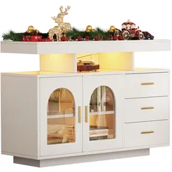 OKWISH Sideboard Hochglanz Weiß 120x40x80 cm mit LED-Beleuchtung App Steuerung 3 Schubladen 1 Schrank 4 offene Fächer Acrylfront