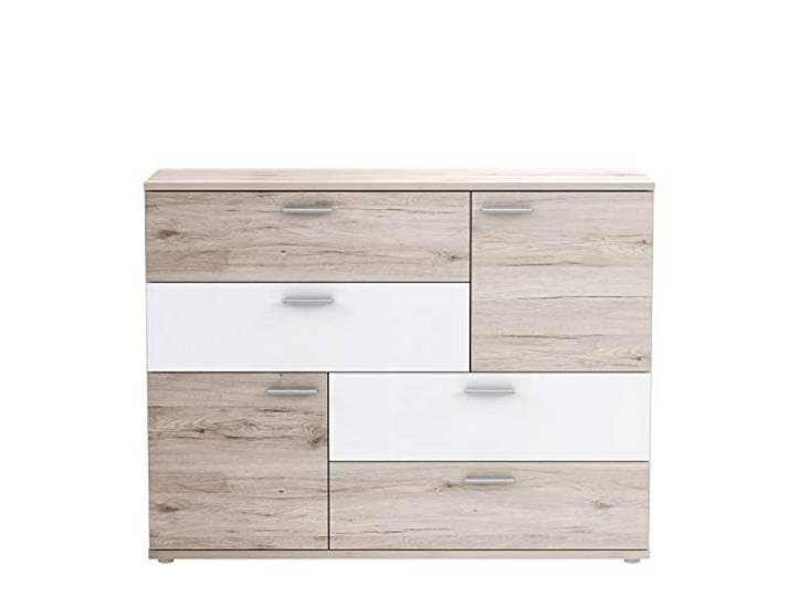 Forte Skive Kommode mit 2 Türen und 4 Schubladen, Holzwerkstoff, Sandeiche / Weiß, 124.9 x 41.3 x 95.9 cm
