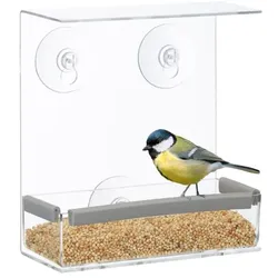 Relaxdays 4 x Vogelfutterhaus für Fenster Grau,Transparent