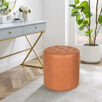 Adeco Round Ottoman Upholstered Tufted Faux Leather Footrest