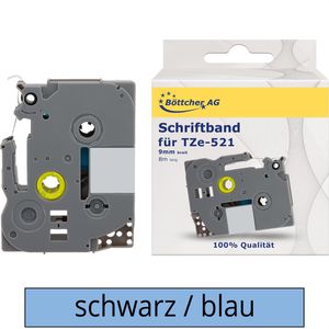 Kompatibles Schriftband für Brother TZe-521, 9mm, Länge 8m, schwarz auf blau