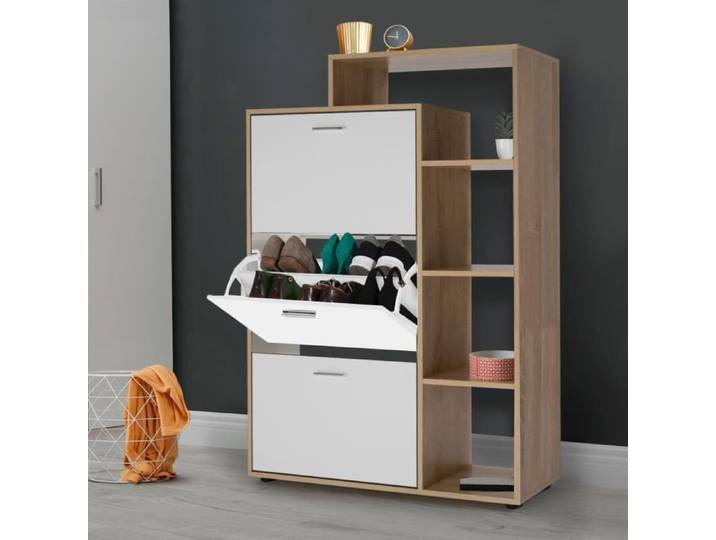IDMARKET Meuble à chaussures 18 paires KLARK imitation hêtre 3 portes blanches avec étagère