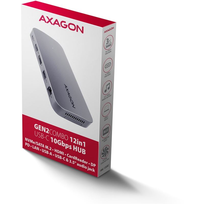 AXAGON HMC-12GM2 Multiport-Hub, USB-C 3.1, M.2-NVMe/SATA, DP + HDMI, Gbit-LAN, 3x USB-A, 1x USB-C, CR