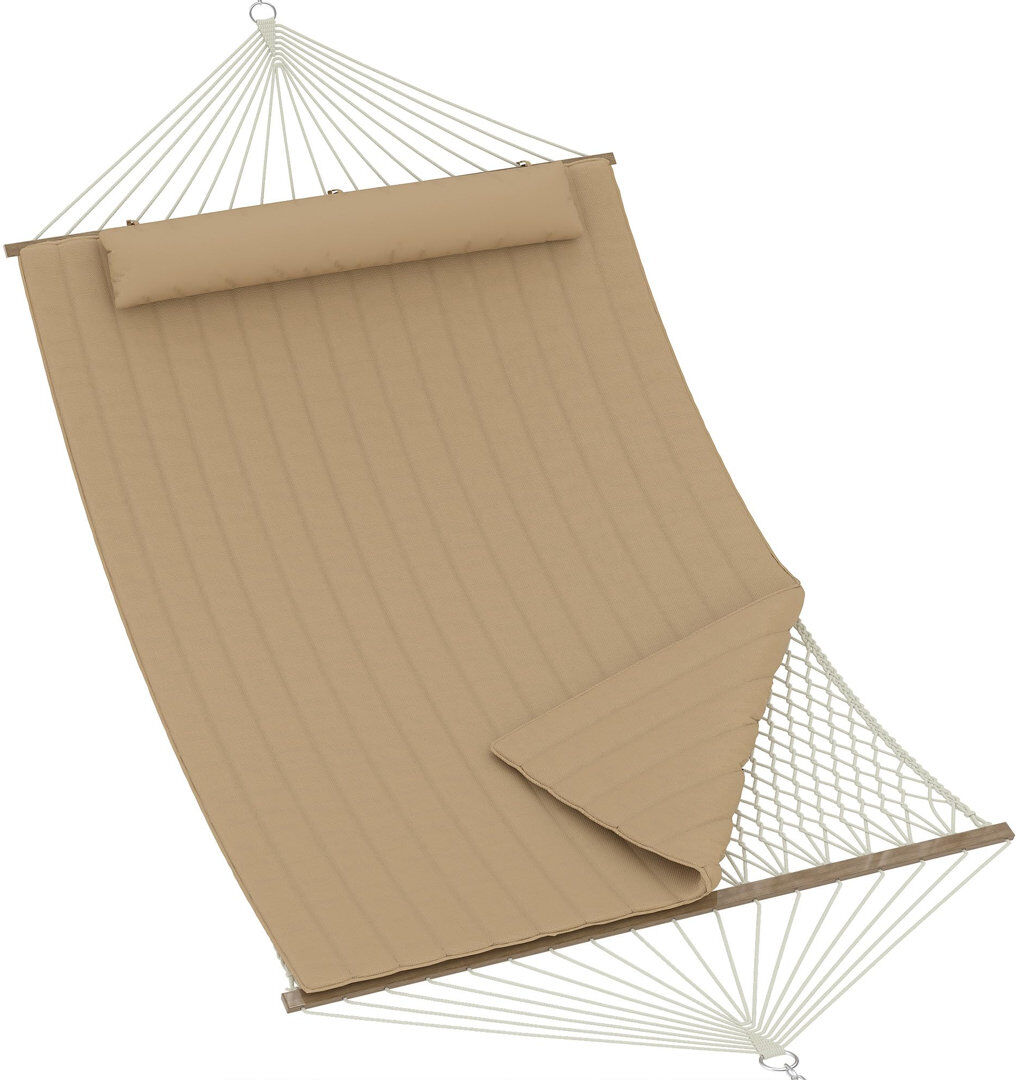 Highland Dunes Double Quilted Hammock for 2 Person, 3.5m Large Garden Hammock with Wooden Spreader Bar & Detachable Pillow, 204kg Capacity Outdoor Swing Bed with Cha Yellow 132cm 180cm