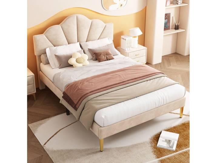 Lit rembourré en velours beige 140 × 200 cm tête de lit coquillage réglable