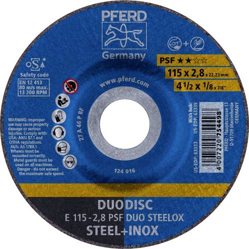PFERD TOOLS 62011620 E 115-2,8 PSF DUO STEELOX Schruppscheibe gekröpft Durchmesser 115mm Bohrungs-Ø 22.23mm Edelstahl, Stahl