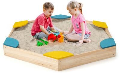 Costway Outdoor Solid Wood Sandbox with 6 Built-in Fan-shaped Seats