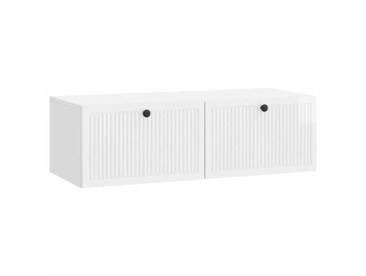 hliofuir TV Board Wandmontiert Hochglanz Weiß 98x41x30 cm Lowboard Platzsparendes Hängeboard für Wohnzimmer und Schlafzimmer mit 2 Klapptüren und Metallknöpfen für geordnete Mediennutzung.