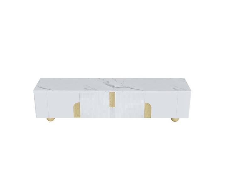 Evryae Lowboard mit 4 Türen und kugelförmigen Holzfüßen Marmoroptik 180 cm, Naturfarben, Weiß, Rechteckig,Rechteckig, 180x44x40 cm, Wohnzimmer, TV Möbel, Lowboards, Lowboards stehend