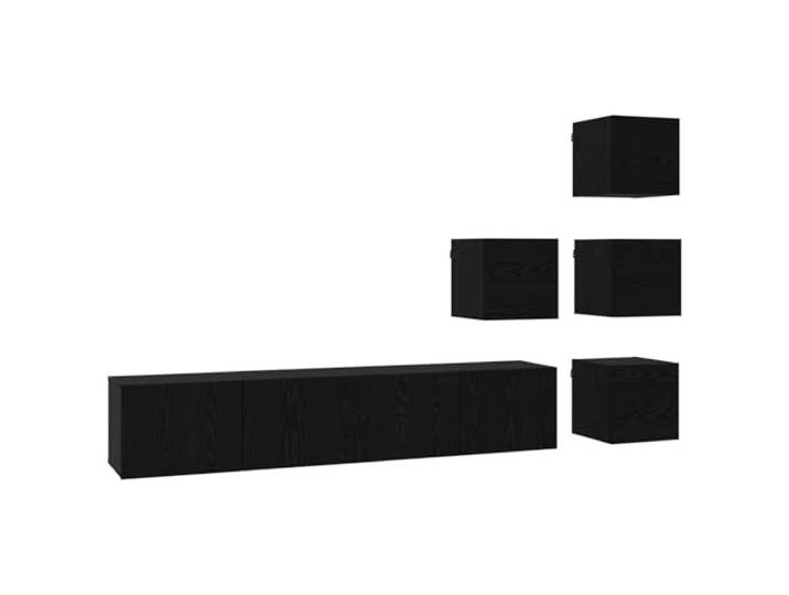 KTHLBRH TV-Möbel-Set 6 Stück schwarze Eiche aus technischem Holz Modulares Design, Wandmontage, 8 Scharniertüren, Innenbereich, Reinigung mit feuchtem Tuch