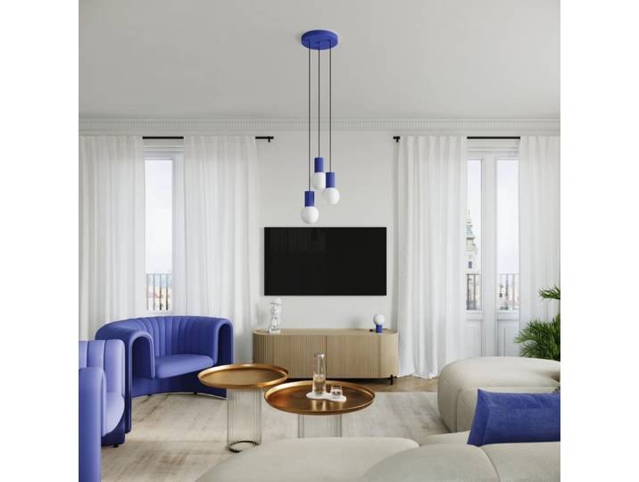 Suspension bleue avec 3 sphères en cristal suspendues