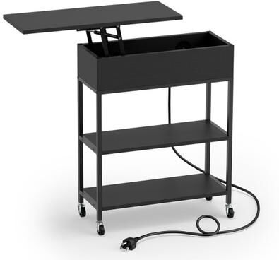 Costway Lift Top End Table with Charging Station and Universal Wheels-Black
