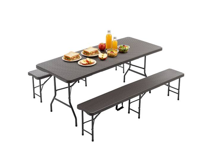 Table de camping portable d'extérieur, plateau et support pliables avec 2 bancs, ensemble de camping 3 pièces, table basse de 6 pieds