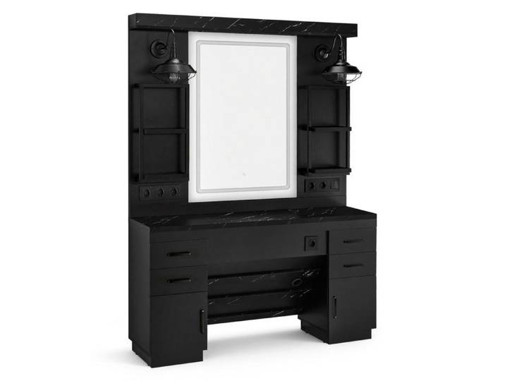BarberPub Poste de coiffure avec 4 tiroirs coiffeuse avec miroir poste de service avec 4 étagères mobilier de coiffure 3187(noir)
