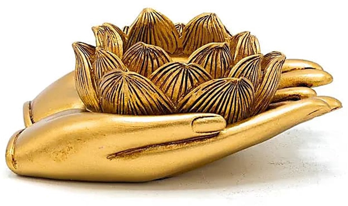Phoenix Import Mani Bhadra Theelichthouder Lotus handen goudkleurig