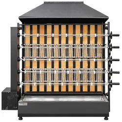 Professioneller Holz-Hähnchengrill mit 5 Spießen für 30 Hähnchen Worldmai für Gastronomie. Gewerblicher Hähnchen-Drehspießgrill für Bar u. Restaurant.