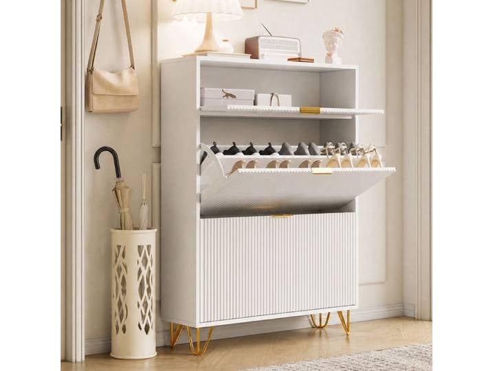Meuble à Chaussures Blanc SORVAGLOS Meuble d'entrée Rangement pour Chaussures 20 Paires 3 portes 80x24x118.5 cm