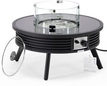 LeisureMod Walbrooke Round Propane Gas Fire Pit Table with Glass Wind Guard, Lava Rocks, Outdoor Patio - 29