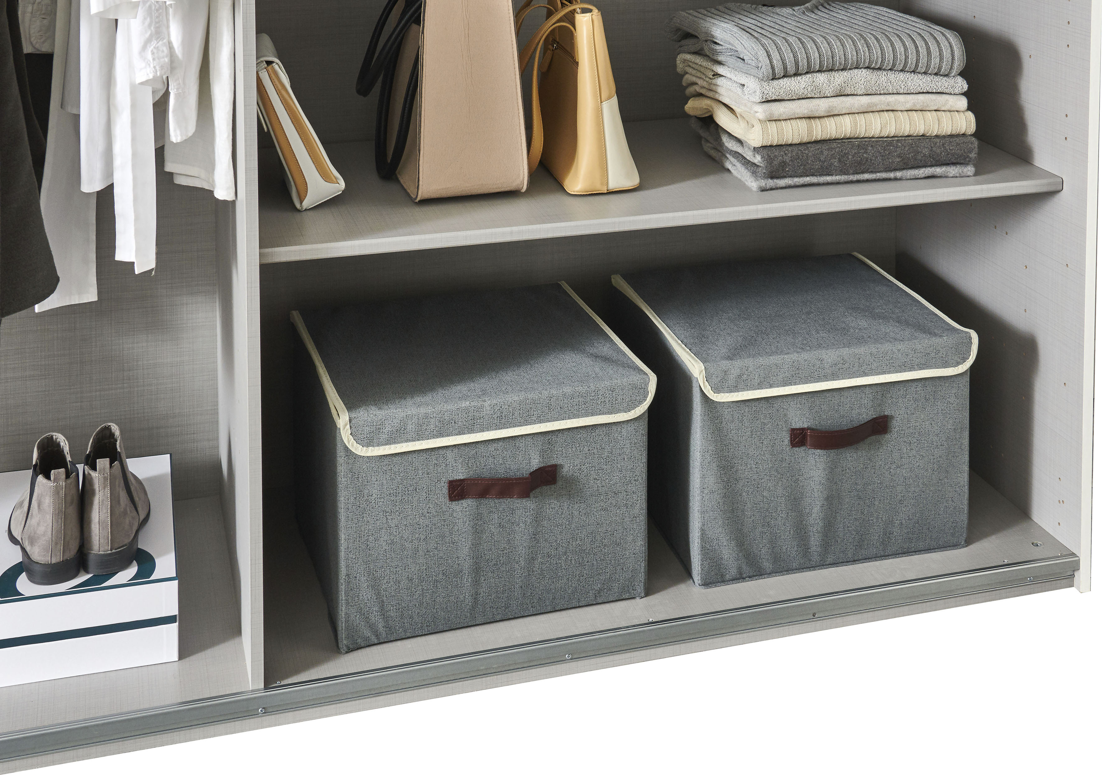 Schwebetürenschrank WIMEX "Norderstedt", weiß (weiß, glas schwarz), B:270cm H:236cm T:64cm, Holzwerkstoff, Schränke, Schwebetürenschrank, INKLUSIVE 2 Stoffboxen und 2 zusätzliche Einlegeböden, mit Glastür