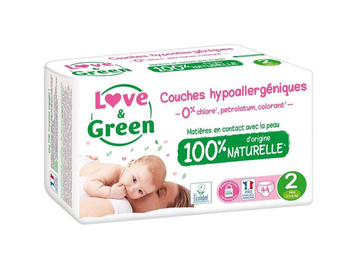 LOVE &amp; GREEN Couches Bébé Taille 2 3-6kg Hypoallergénique 44 couches