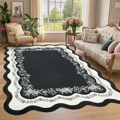 Garvee Surrounding Floral Border Scalloped Area Rug